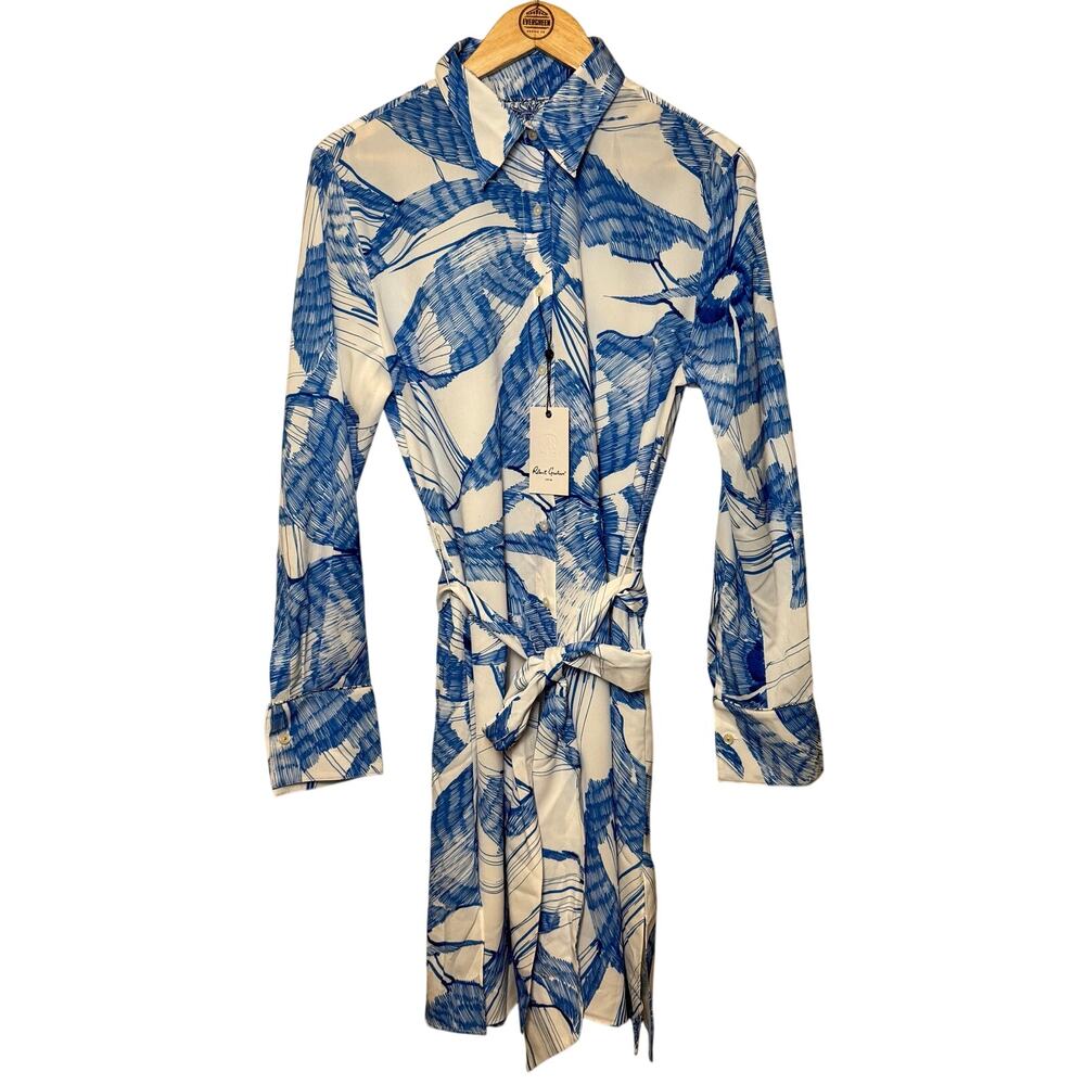 Robert Graham Charlotte Sketched Floral-Print Shirt-Dress Belted White Large